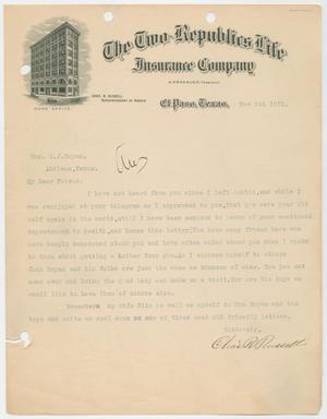 Primary view of object titled '[Letter from Chas R. Russell to Honorable W. J. Bryan, November 6, 1912]'.
