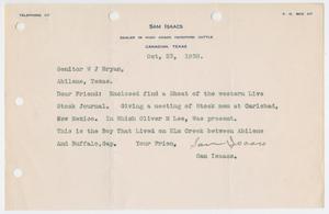 Primary view of object titled '[Letter from Sam Isaacs to Senator W. J. Bryan, October 23, 1938]'.