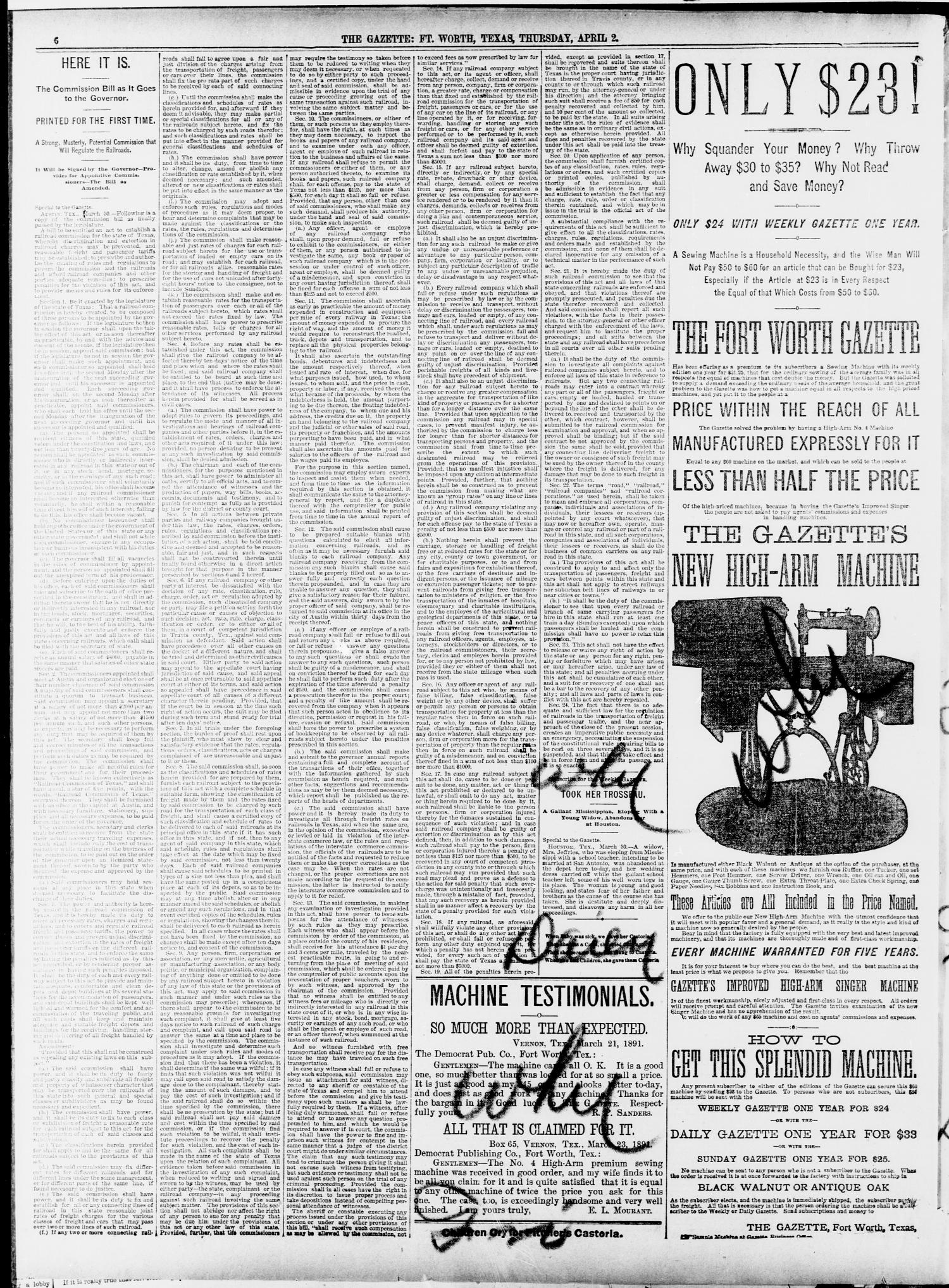 Fort Worth Gazette. (Fort Worth, Tex.), Vol. 13, No. 17, Ed. 1, Thursday, April 2, 1891
                                                
                                                    [Sequence #]: 10 of 20
                                                