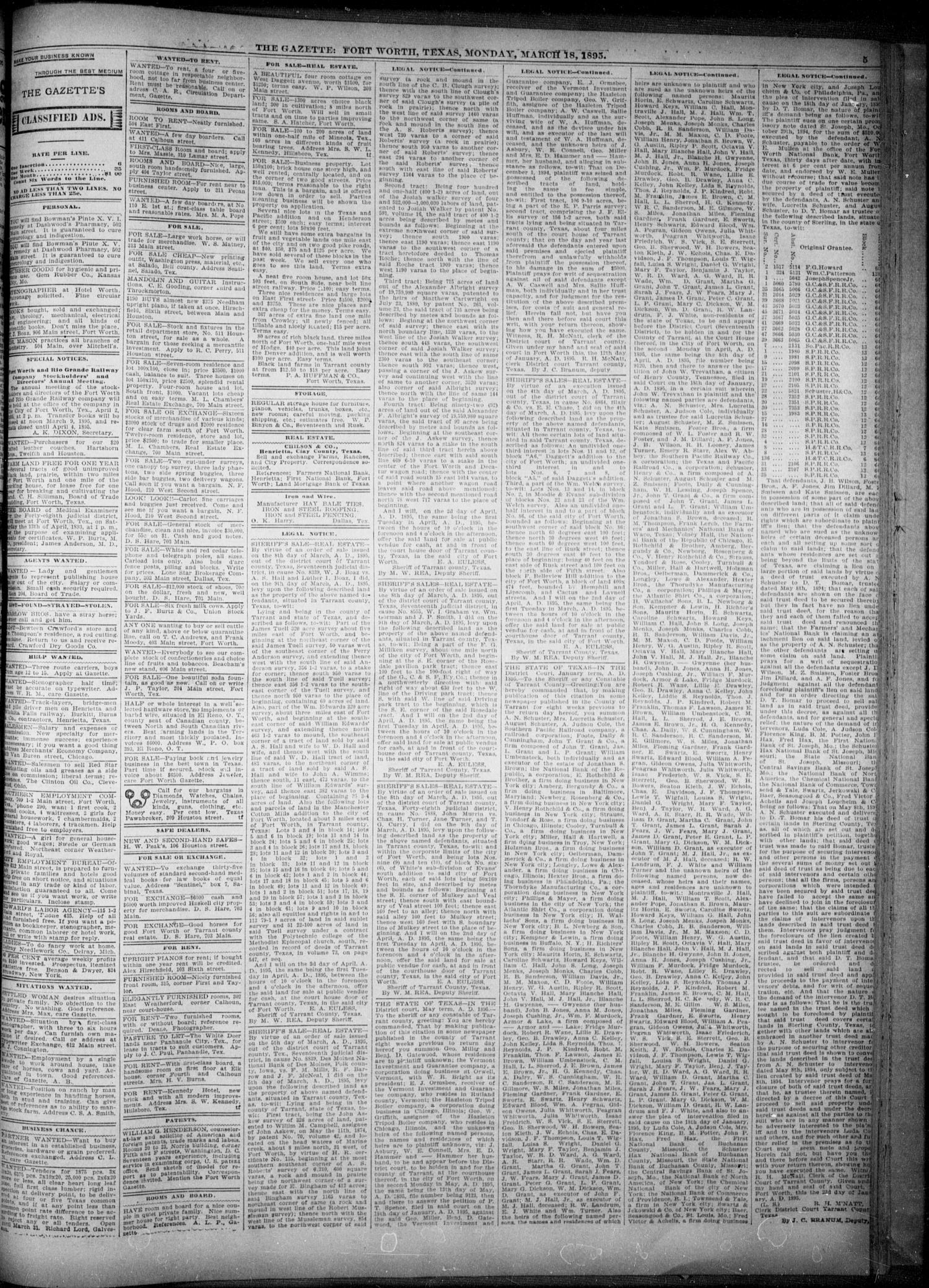 Fort Worth Gazette. (Fort Worth, Tex.), Vol. 19, No. 113, Ed. 1, Monday, March 18, 1895
                                                
                                                    [Sequence #]: 5 of 8
                                                