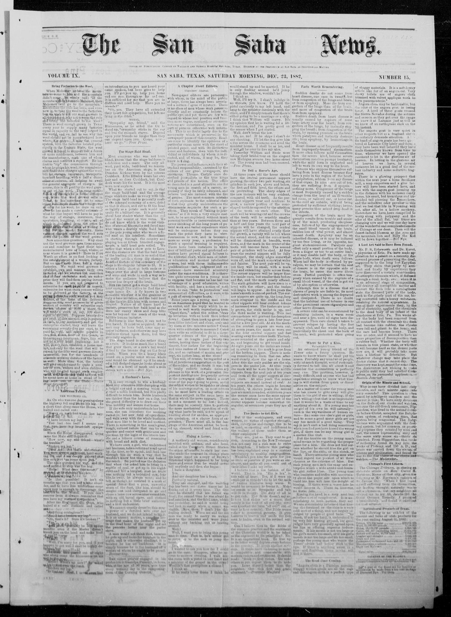 The San Saba News. (San Saba, Tex.), Vol. 9, No. 15, Ed. 1, Saturday, December 23, 1882
                                                
                                                    [Sequence #]: 1 of 8
                                                