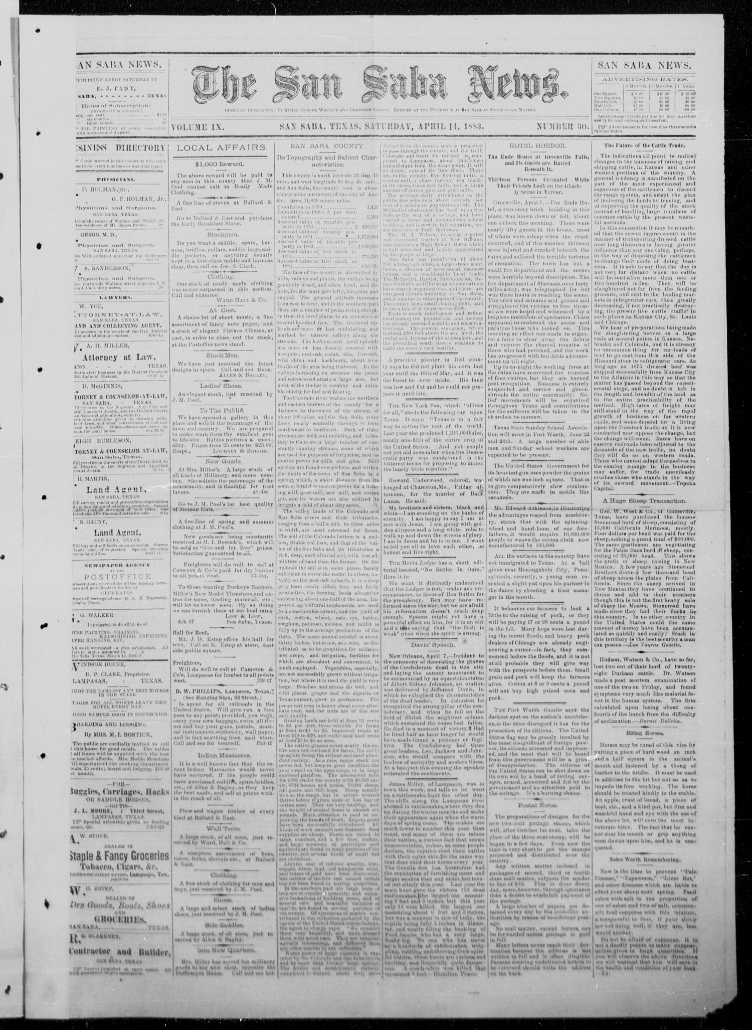 The San Saba News. (San Saba, Tex.), Vol. 9, No. 30, Ed. 1, Saturday, April 14, 1883
                                                
                                                    [Sequence #]: 1 of 16
                                                