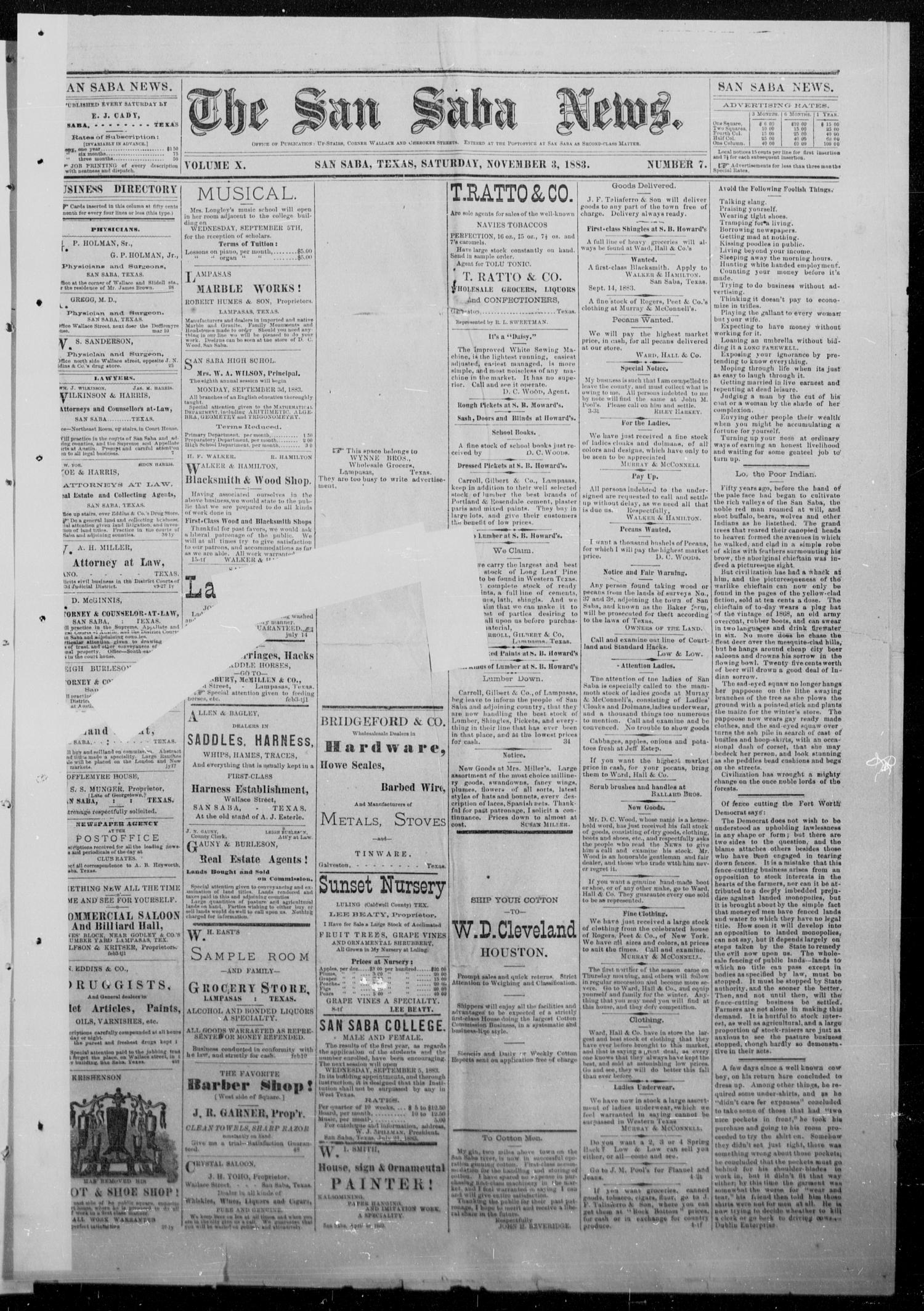 The San Saba News. (San Saba, Tex.), Vol. 10, No. 7, Ed. 1, Saturday, November 3, 1883
                                                
                                                    [Sequence #]: 1 of 8
                                                