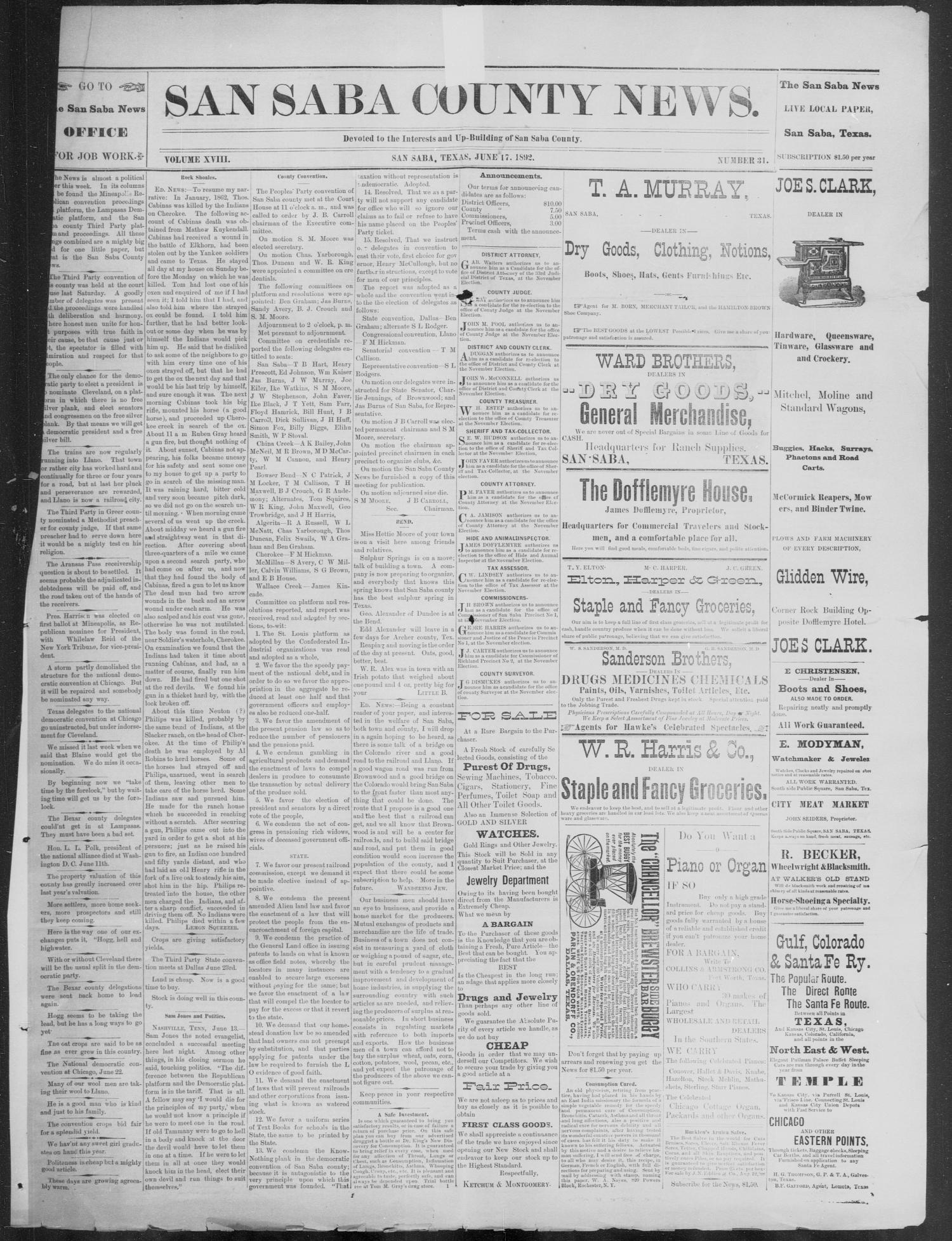 The San Saba County News. (San Saba, Tex.), Vol. 18, No. 31, Ed. 1, Friday, June 17, 1892
                                                
                                                    [Sequence #]: 1 of 4
                                                