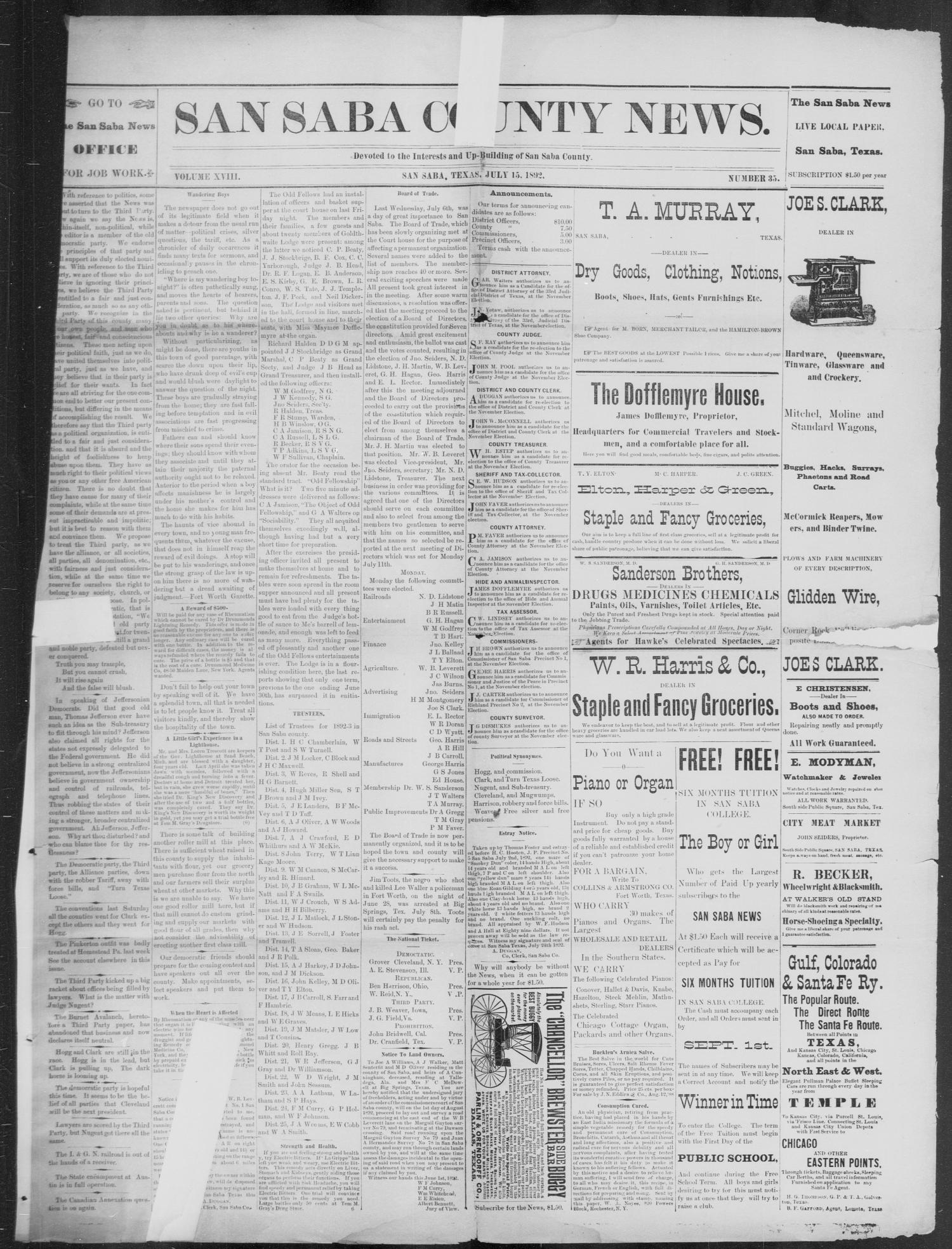 The San Saba County News. (San Saba, Tex.), Vol. 18, No. 35, Ed. 1, Friday, July 15, 1892
                                                
                                                    [Sequence #]: 1 of 4
                                                
