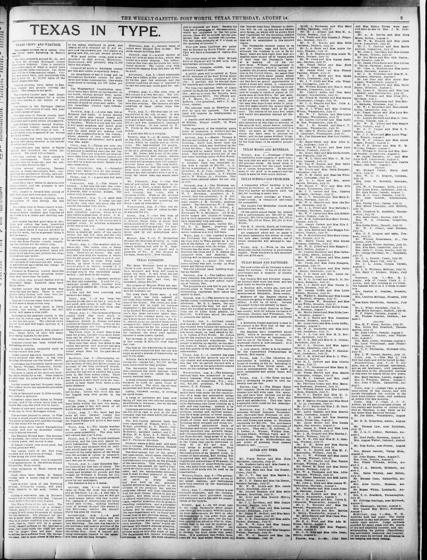 Fort Worth Weekly Gazette. (Fort Worth, Tex.), Vol. 12, No. 36, Ed. 1, Thursday, August 14, 1890
                                                
                                                    [Sequence #]: 3 of 12
                                                