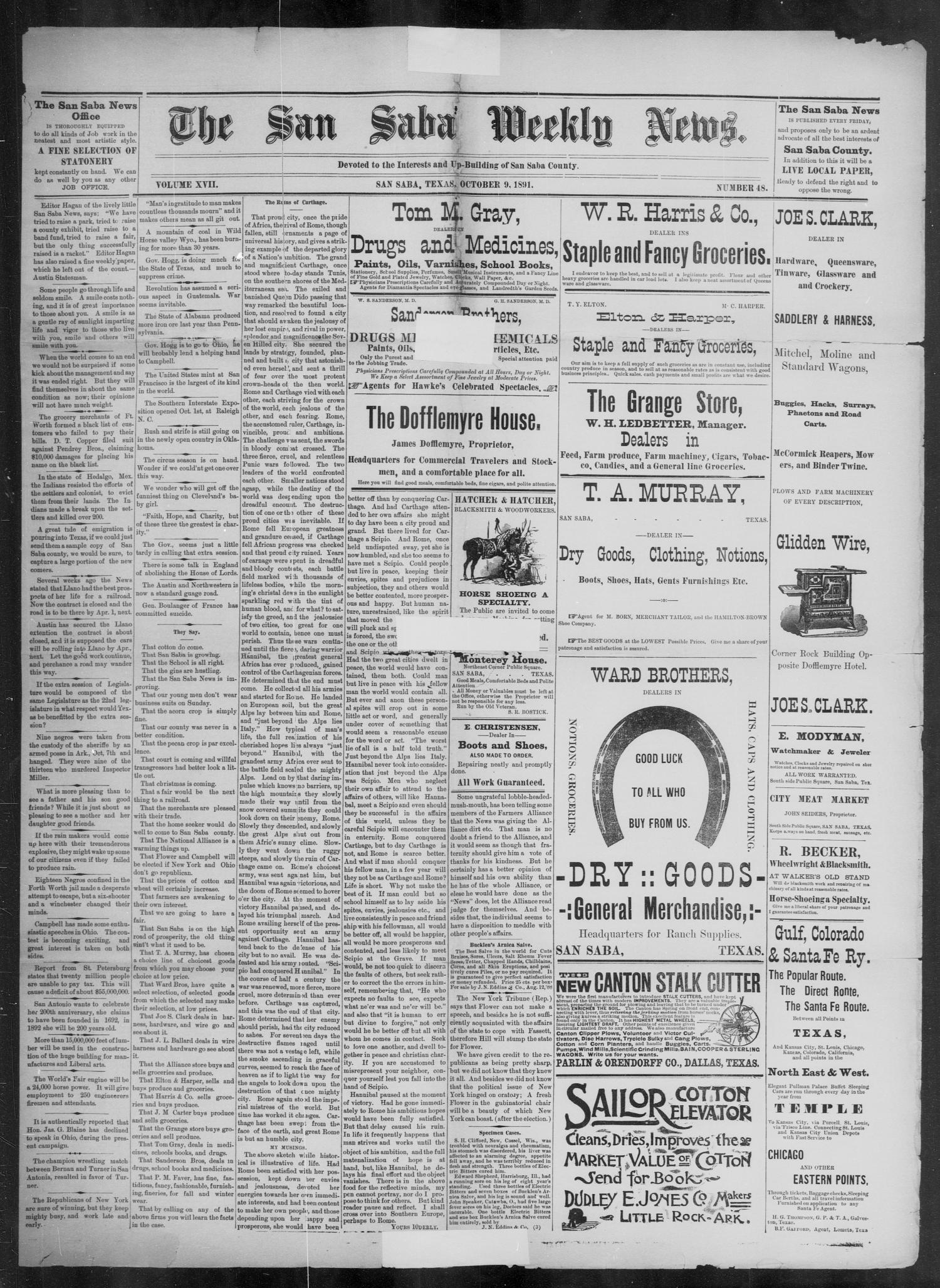 The San Saba Weekly News. (San Saba, Tex.), Vol. 17, No. 48, Ed. 1, Friday, October 9, 1891
                                                
                                                    [Sequence #]: 1 of 4
                                                