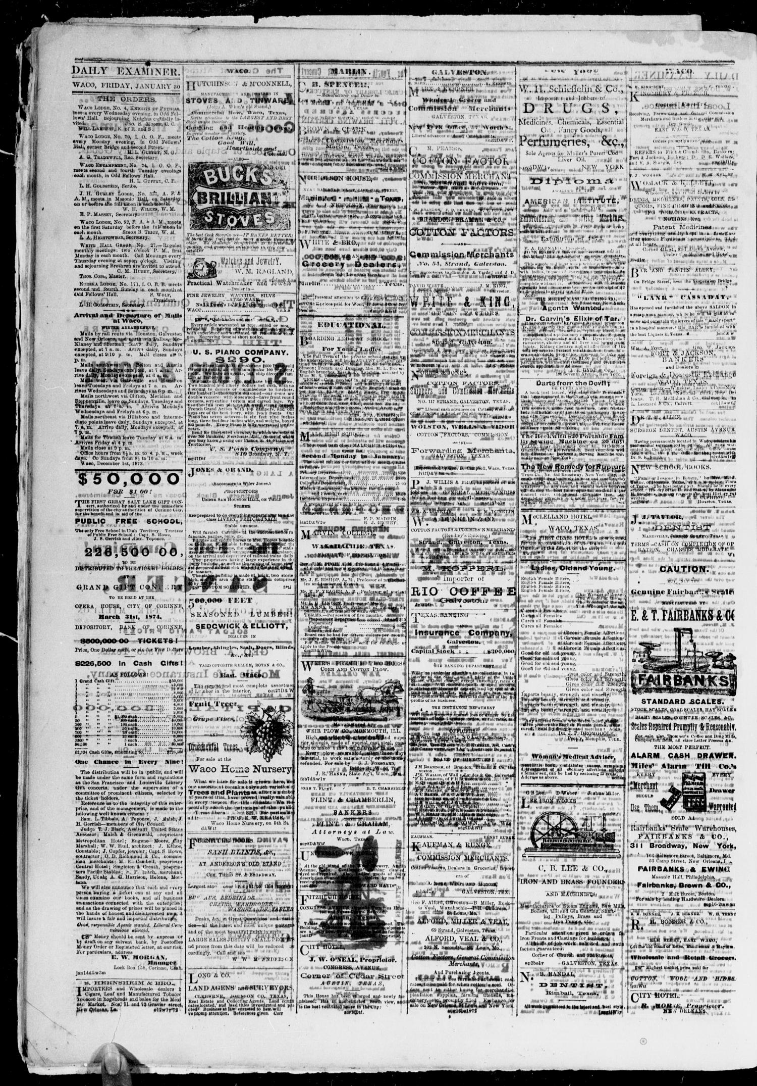 The Waco Daily Examiner. (Waco, Tex.), Vol. 2, No. 77, Ed. 1, Friday, January 30, 1874
                                                
                                                    [Sequence #]: 4 of 4
                                                