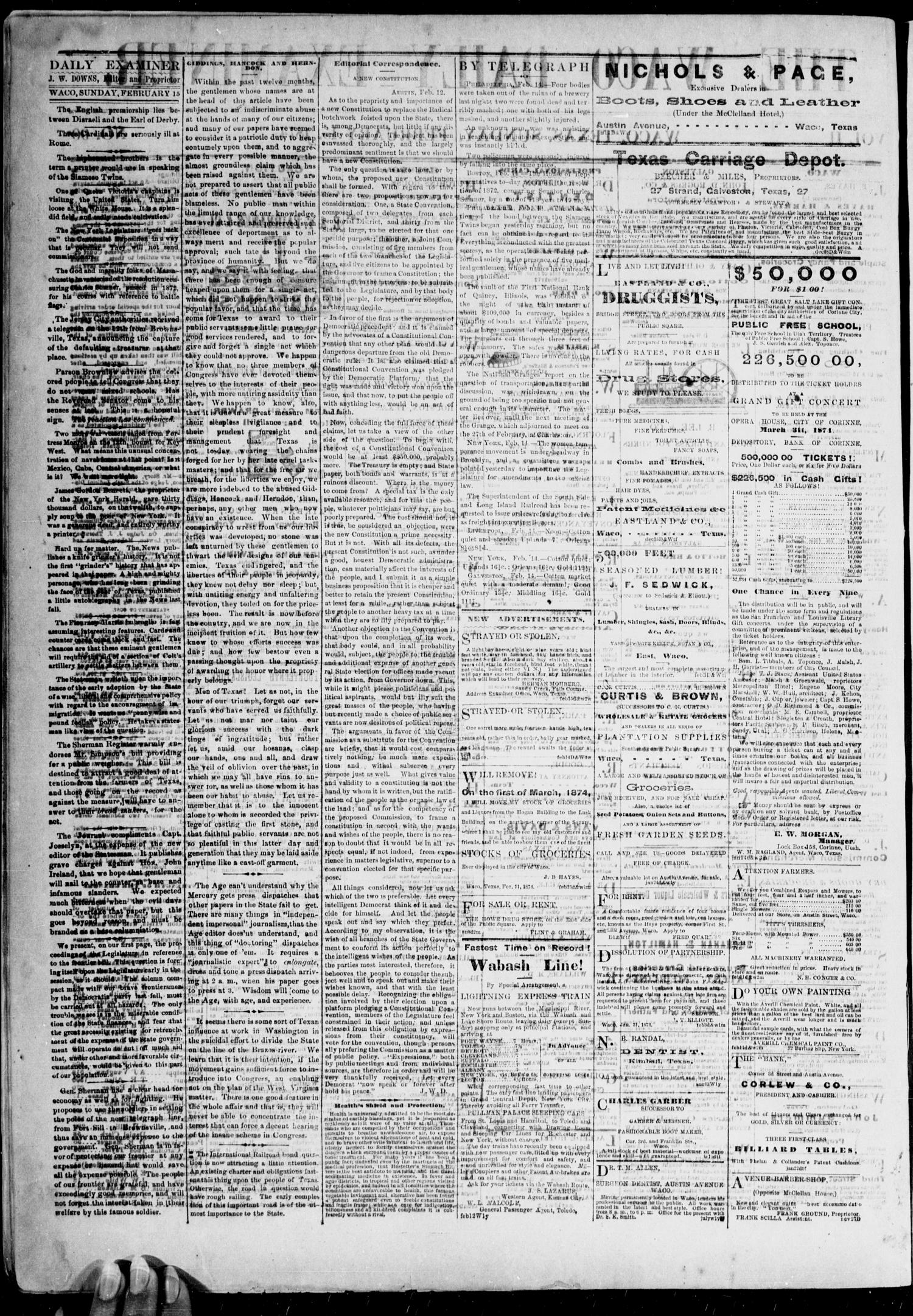 The Waco Daily Examiner. (Waco, Tex.), Vol. 2, No. 90, Ed. 1, Sunday, February 15, 1874
                                                
                                                    [Sequence #]: 2 of 4
                                                