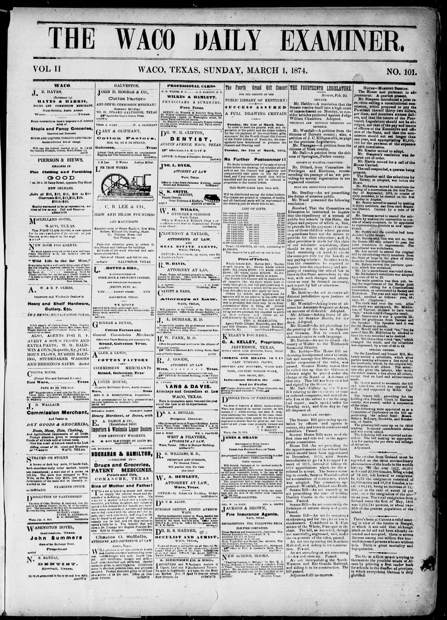 The Waco Daily Examiner. (Waco, Tex.), Vol. 2, No. 101, Ed. 1, Sunday, March 1, 1874
                                                
                                                    [Sequence #]: 1 of 4
                                                