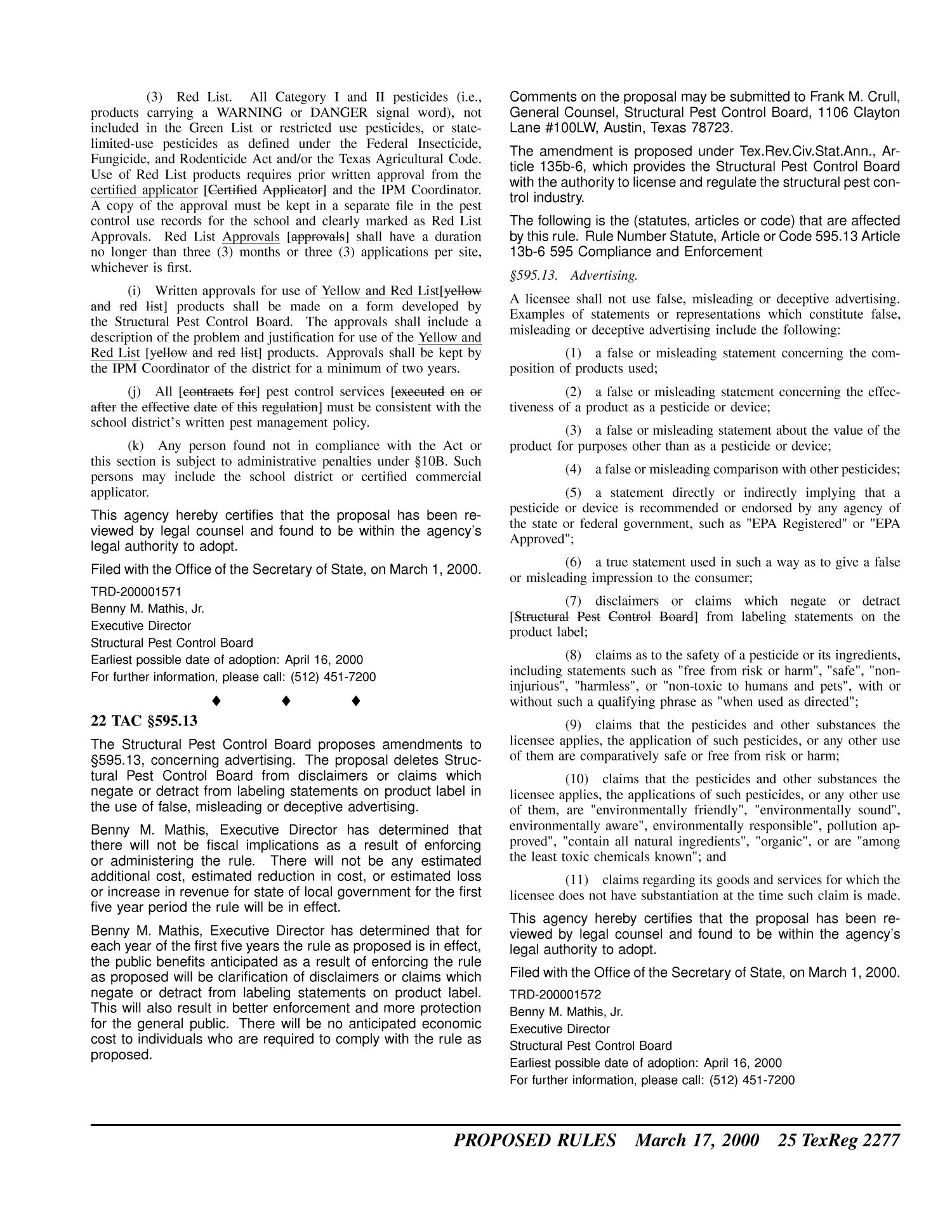 Texas Register, Volume 25, Number 11, Pages 2223-2484, March 17, 2000
                                                
                                                    2277
                                                