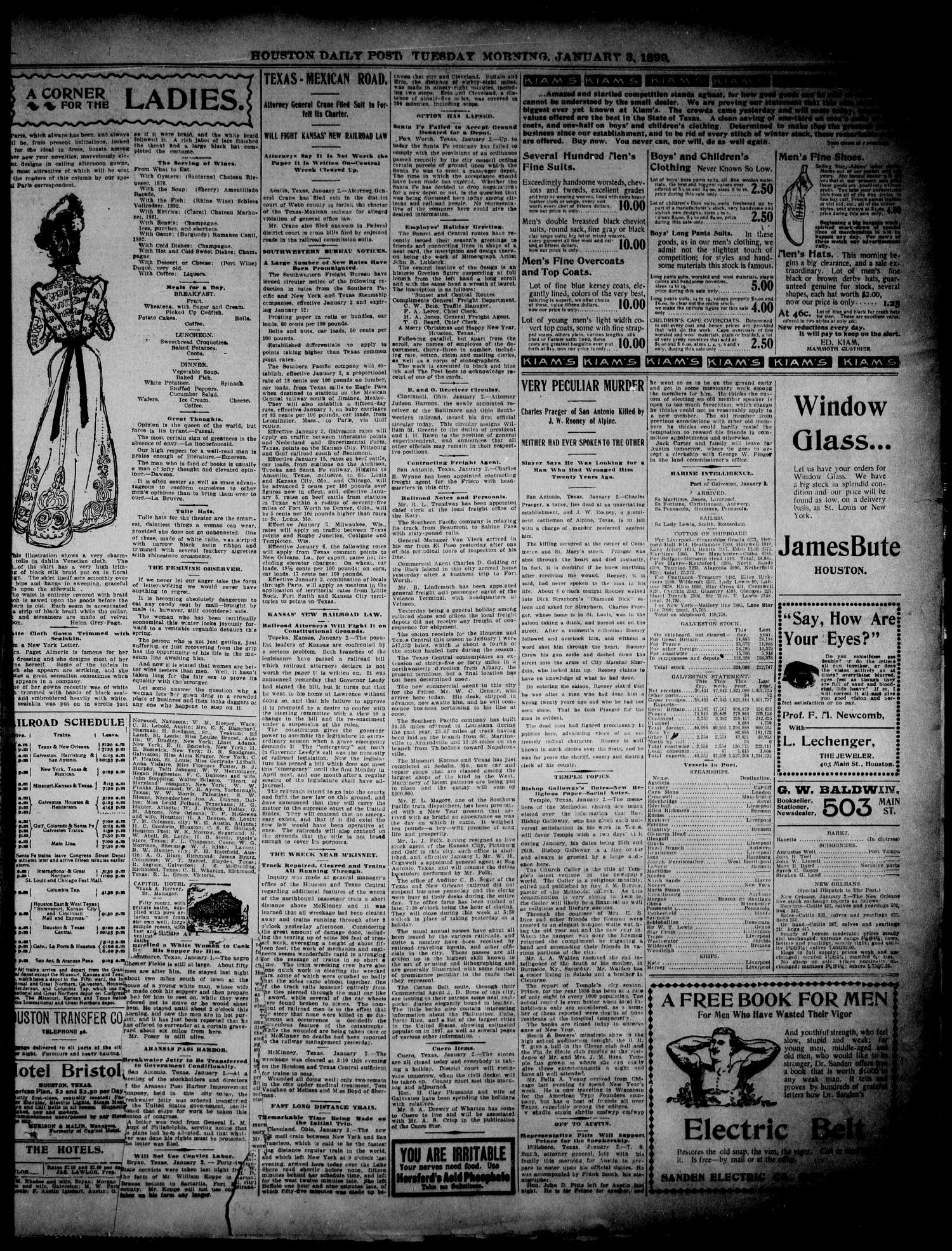 The Houston Daily Post (Houston, Tex.), Vol. 14, No. 276, Ed. 1, Tuesday, January 3, 1899
                                                
                                                    [Sequence #]: 3 of 8
                                                