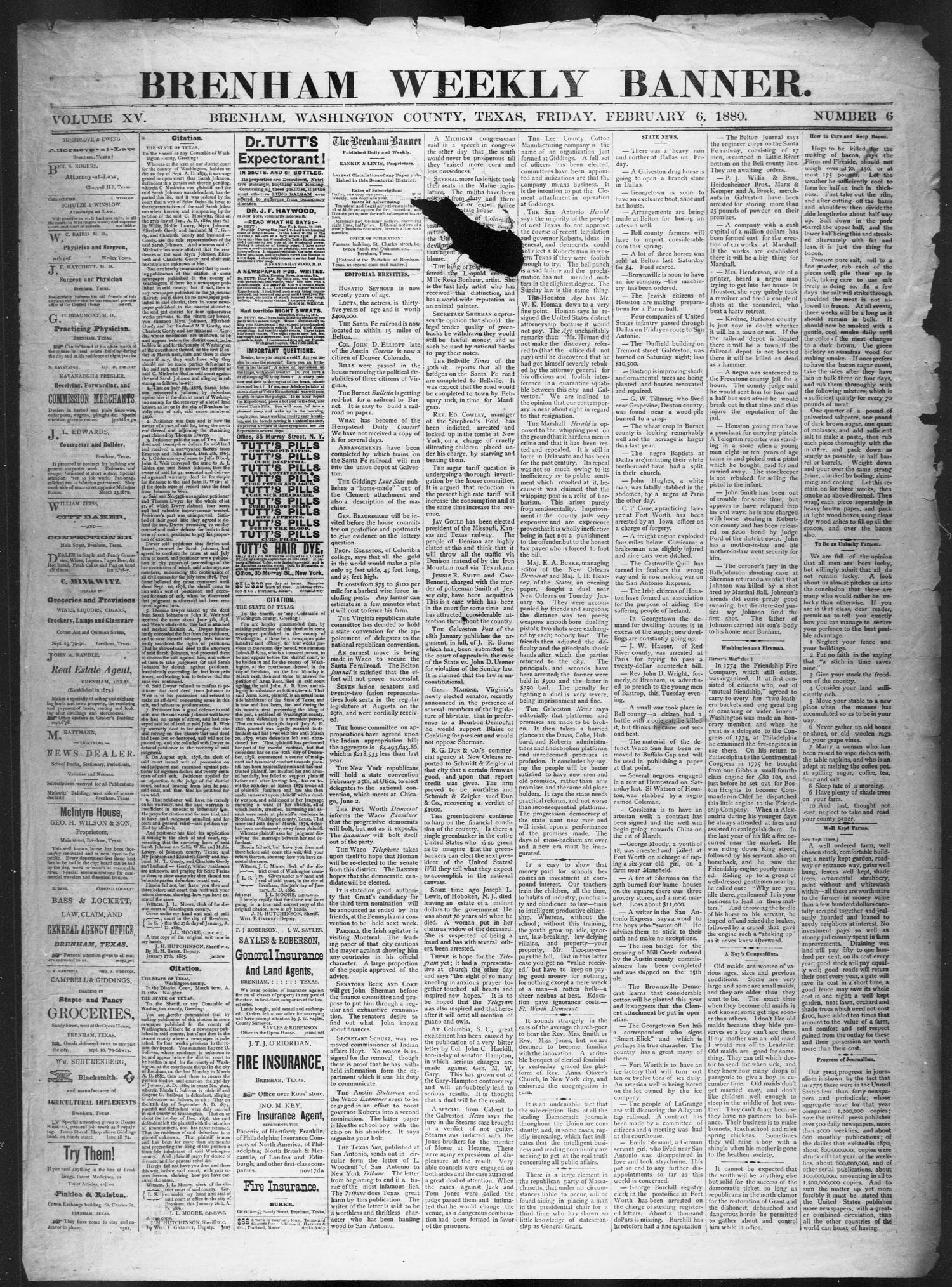 Brenham Weekly Banner. (Brenham, Tex.), Vol. 15, No. 6, Ed. 1, Friday, February 6, 1880
                                                
                                                    [Sequence #]: 1 of 4
                                                