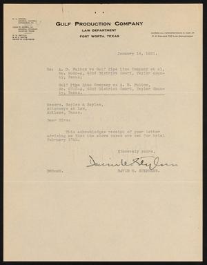 Primary view of object titled '[Letter from David W. Stephens to Sayles & Sayles, January 14, 1931]'.