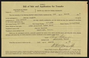 Primary view of object titled '[Bill of Sale and Application for Transfer From Guy Patterson to Perry Sayles]'.
