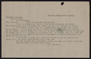 Primary view of object titled '[Letter from John Sayles to Perry Sayles, February 18, 1911]'.