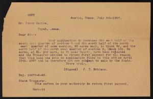 Primary view of object titled '[Letter from J. T. Robison to Perry Sayles, July 9, 1907]'.
