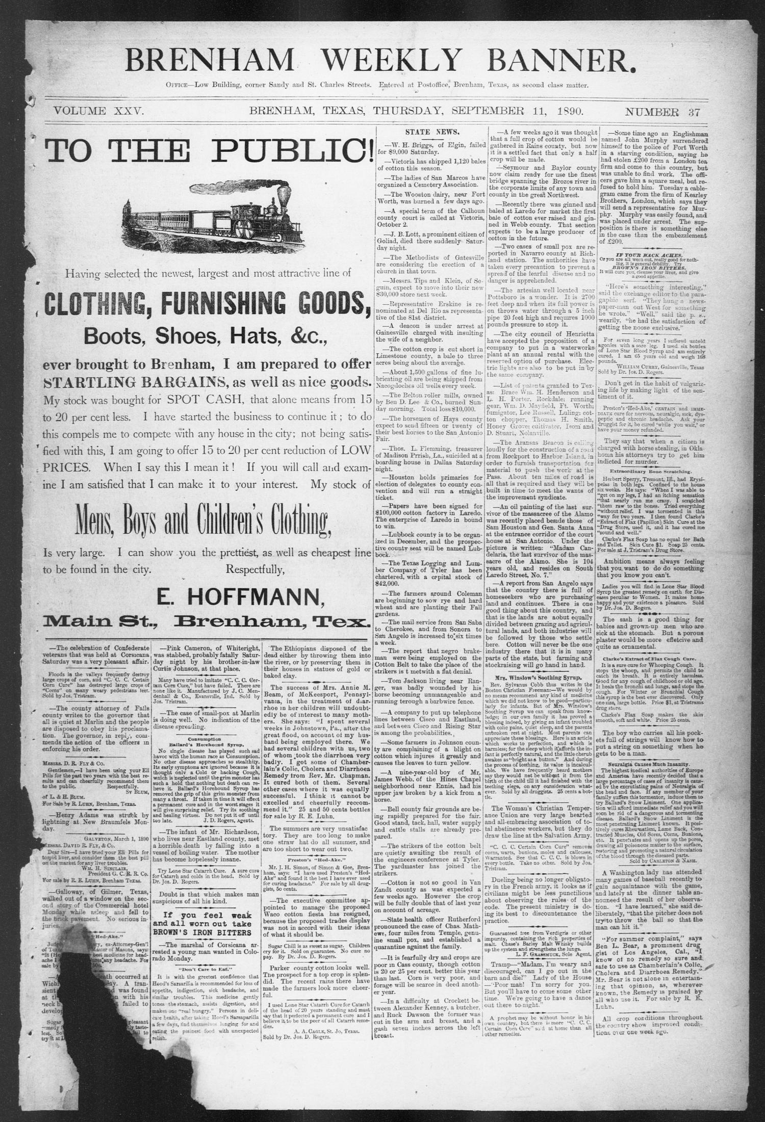 Brenham Weekly Banner. (Brenham, Tex.), Vol. 25, No. 37, Ed. 1, Thursday, September 11, 1890
                                                
                                                    [Sequence #]: 1 of 8
                                                