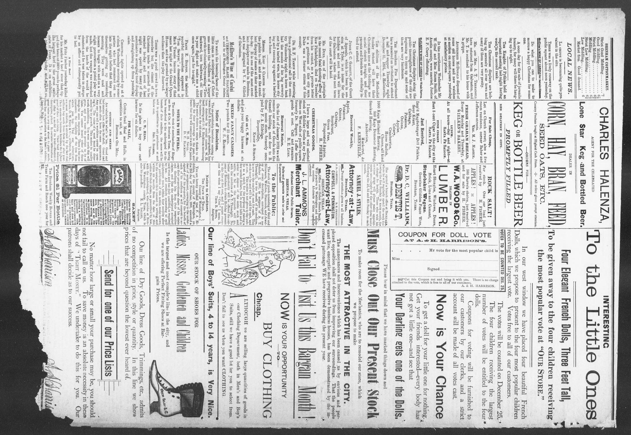 Brenham Weekly Banner. (Brenham, Tex.), Vol. 26, No. 51, Ed. 1, Thursday, December 24, 1891
                                                
                                                    [Sequence #]: 14 of 14
                                                