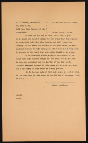 Primary view of object titled '[Cause No. 6080-A: Order Granting Motion for New Trial]'.