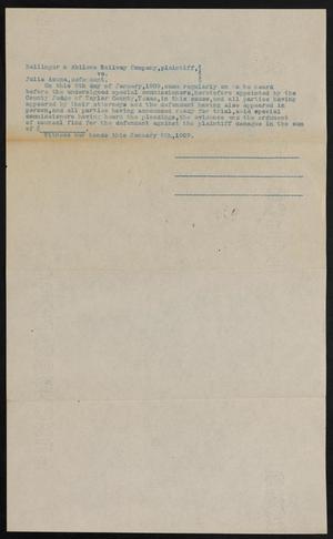 Primary view of object titled '[Document relating to Ballinger & Abilene Railway Company vs. Julia Acuna, January 8, 1909]'.