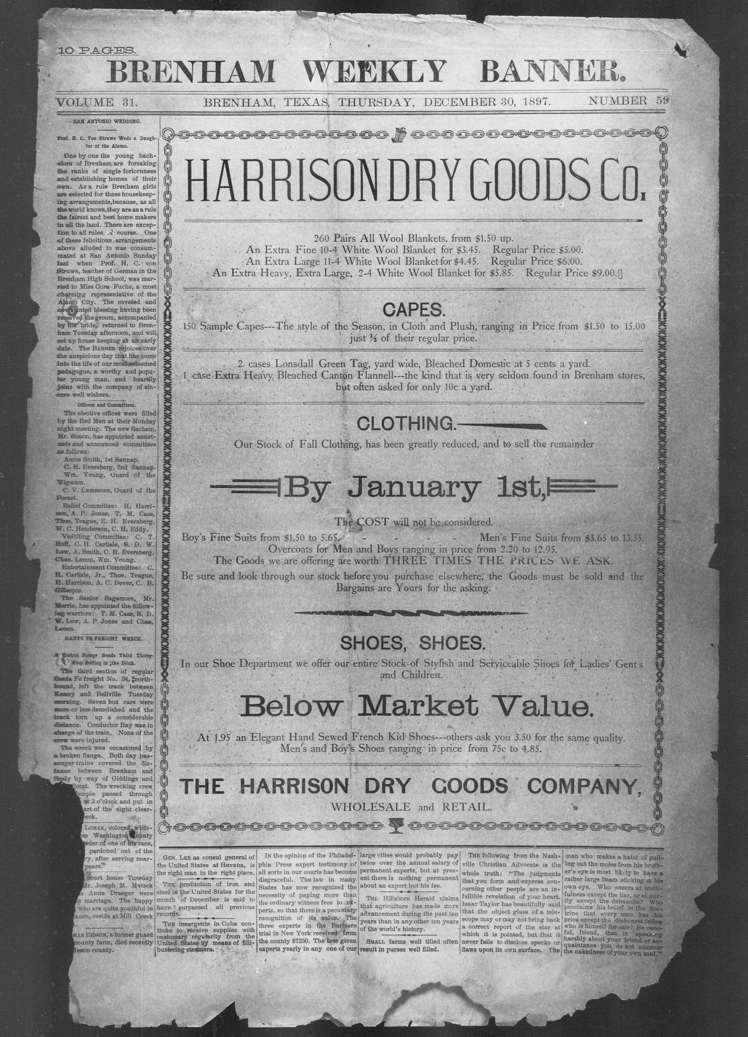 Brenham Weekly Banner. (Brenham, Tex.), Vol. 31, No. 59, Ed. 1, Thursday, December 30, 1897
                                                
                                                    [Sequence #]: 1 of 10
                                                