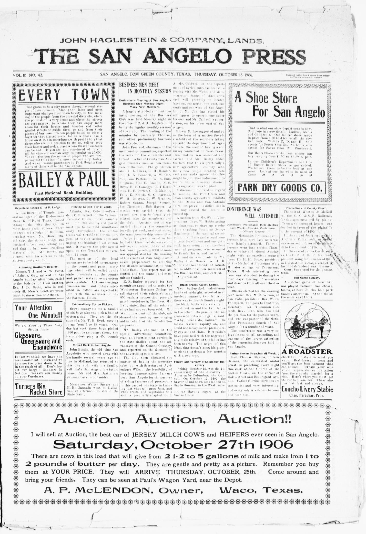 The San Angelo Press. (San Angelo, Tex.), Vol. 10, No. 42, Ed. 1, Thursday, October 18, 1906
                                                
                                                    [Sequence #]: 1 of 8
                                                