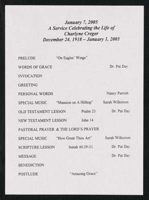 Primary view of object titled '[Program: A Service Celebrating the Life of Charlyne Creger]'.