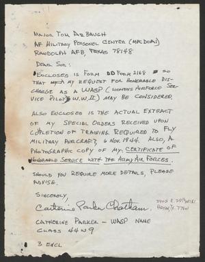 Primary view of object titled '[Letter from Catherine Parker Chatham to Major Tom Arbaugh]'.