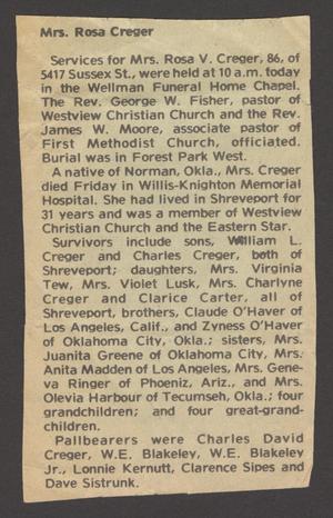 Primary view of object titled '[Clipping: Mrs. Rosa V. Creger Obituary]'.