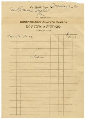 Primary view of object titled '[1930 Ahavath Sholom Dues Statement]'.