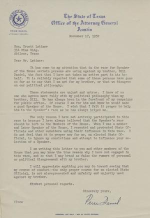 Primary view of object titled '[Letter from Price Daniel to Truett Latimer, November 17, 1952]'.