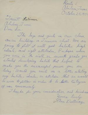 Primary view of object titled '[Letter from Ann Deotherage to Truett Latimer, October 25, 1954]'.