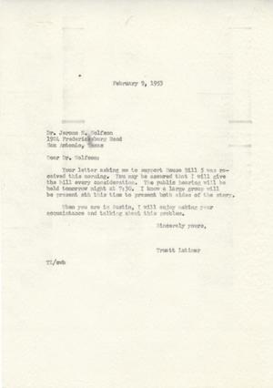 Primary view of object titled '[Letter from Truett Latimer to Jerome N. Wolfson, February 9, 1953]'.