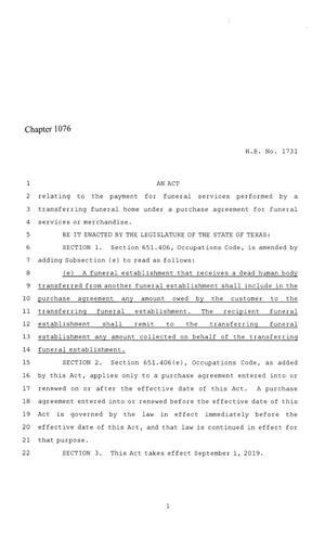 Primary view of object titled '86th Texas Legislature, Regular Session, House Bill 1731, Chapter 1076'.