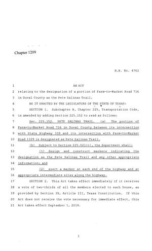 Primary view of object titled '86th Texas Legislature, Regular Session, House Bill 4762, Chapter 1209'.