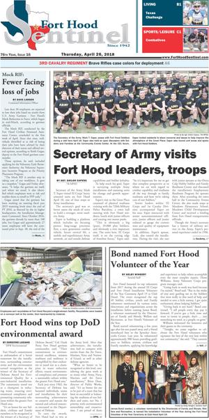 Primary view of object titled 'Fort Hood Sentinel (Fort Hood, Tex.), Vol. 76, No. 16, Ed. 1 Thursday, April 26, 2018'.