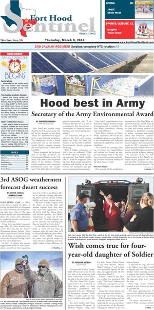 Primary view of object titled 'Fort Hood Sentinel (Fort Hood, Tex.), Vol. 76, No. 10, Ed. 1 Thursday, March 8, 2018'.