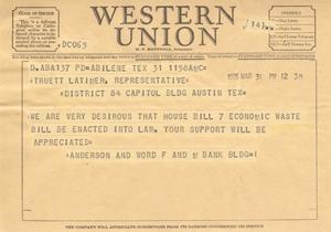 Primary view of object titled '[Telegram from Anderson and Word, March 31, 1955]'.