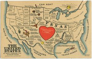 Primary view of object titled '[Postcard of the US Seen Through the Eyes of Texas]'.