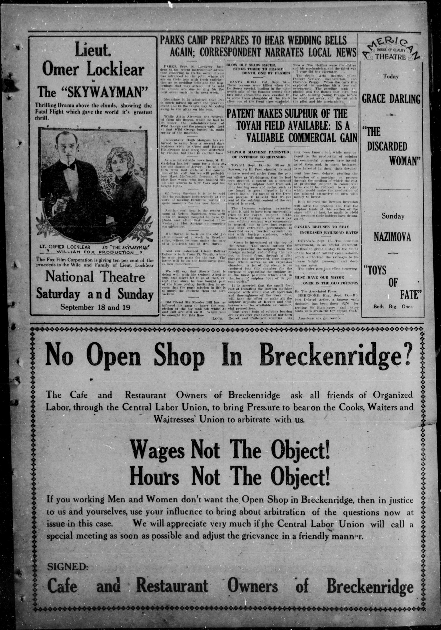 Breckenridge American (Breckenridge, Tex), Vol. 1, No. 70, Ed. 1, Saturday, September 18, 1920
                                                
                                                    [Sequence #]: 5 of 6
                                                
