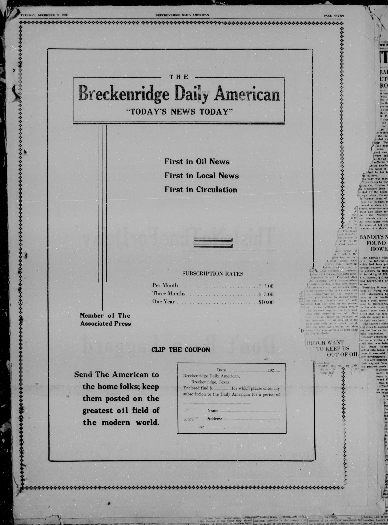Breckenridge American (Breckenridge, Tex), Vol. 1, No. 150, Ed. 1, Tuesday, December 21, 1920
                                                
                                                    [Sequence #]: 7 of 8
                                                
