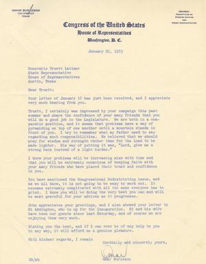Primary view of object titled '[Letter from Omar Burleson to Truett Latimer, January 21, 1953]'.
