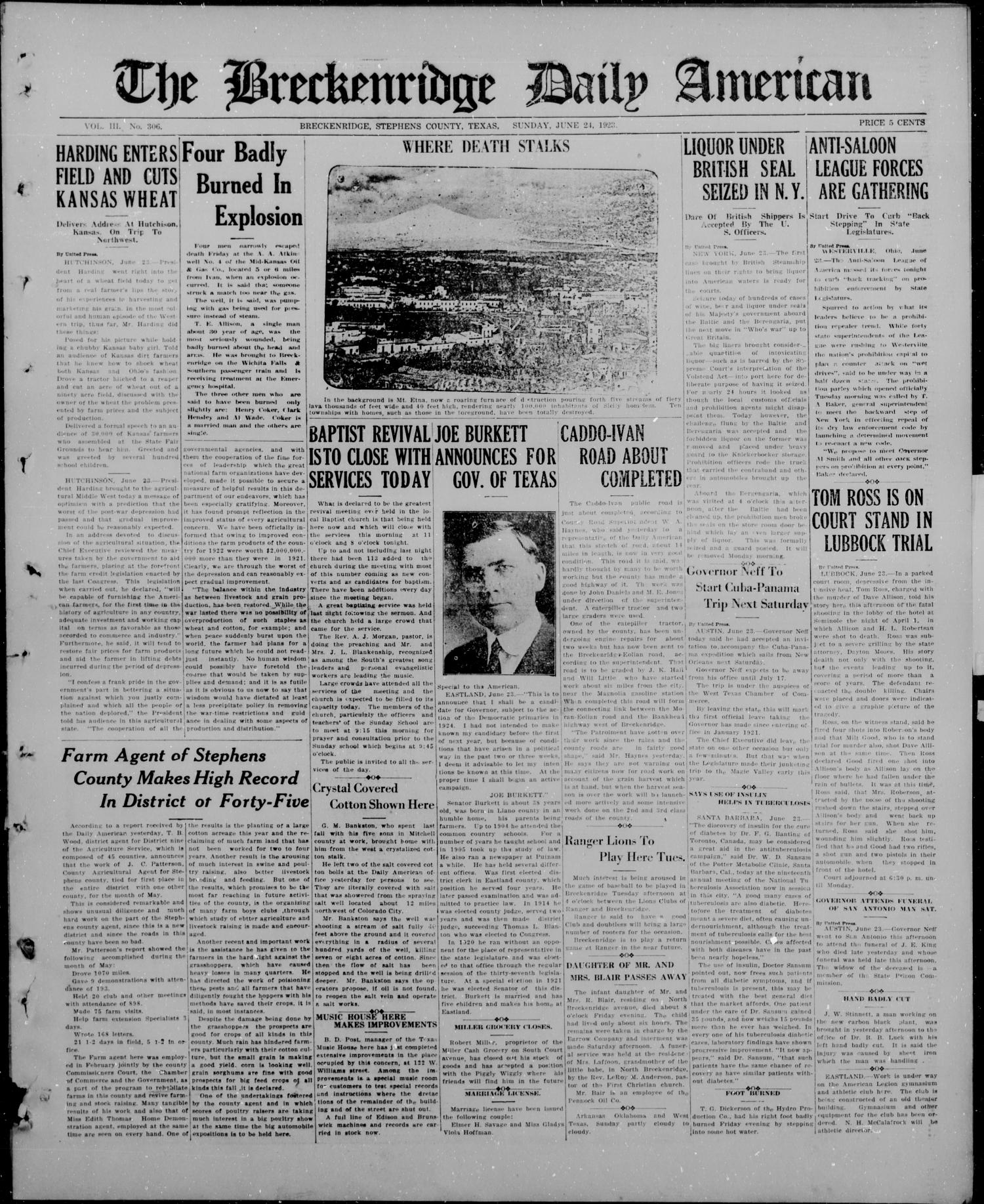 The Breckenridge Daily American (Breckenridge, Tex), Vol. 3, No. 306, Ed. 1, Sunday, June 24, 1923
                                                
                                                    [Sequence #]: 1 of 10
                                                