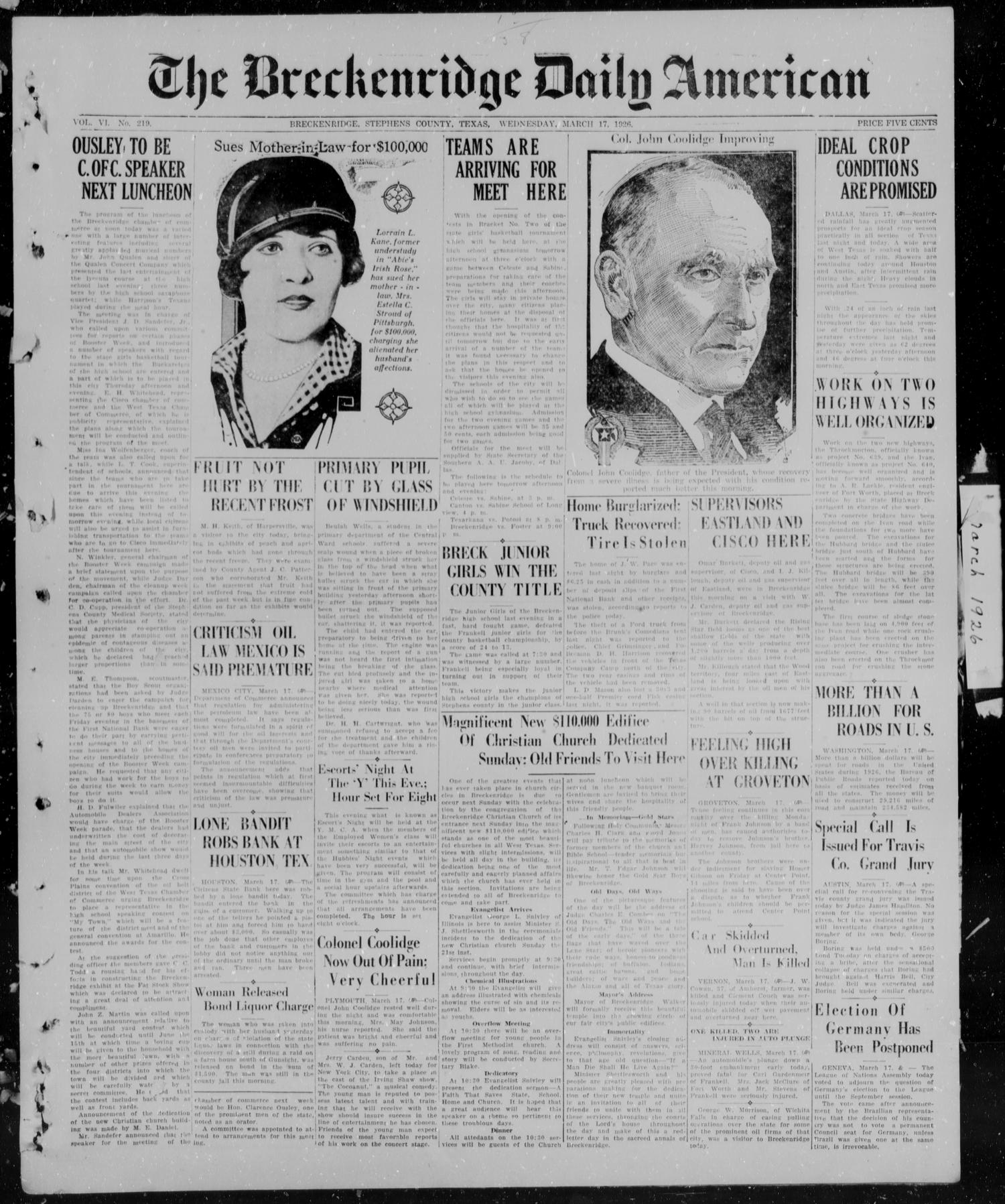 The Breckenridge Daily American (Breckenridge, Tex), Vol. 6, No. 219, Ed. 1, Wednesday, March 17, 1926
                                                
                                                    [Sequence #]: 1 of 4
                                                