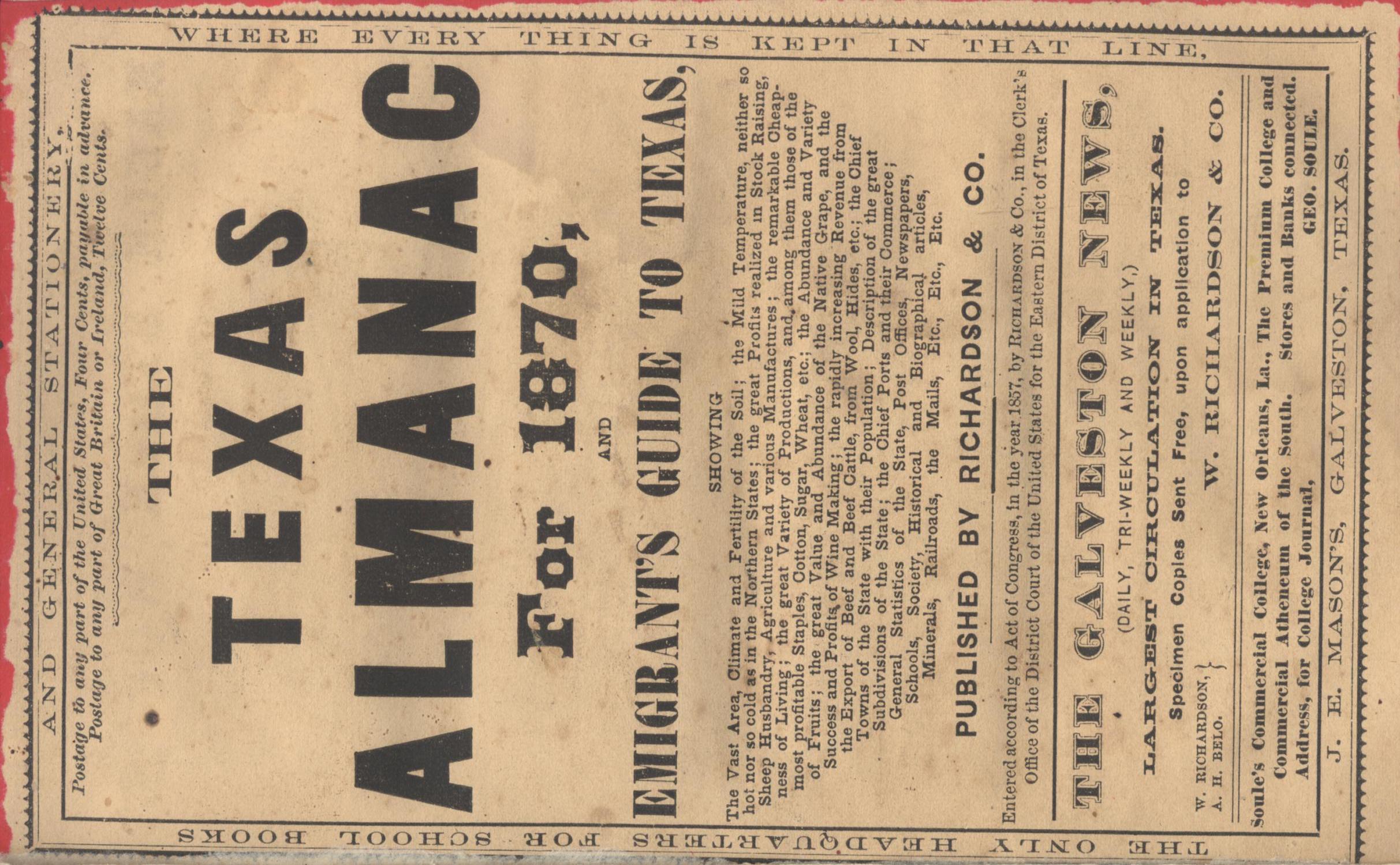 The Texas Almanac for 1870, and Emigrant's Guide to Texas
                                                
                                                    Front Cover
                                                