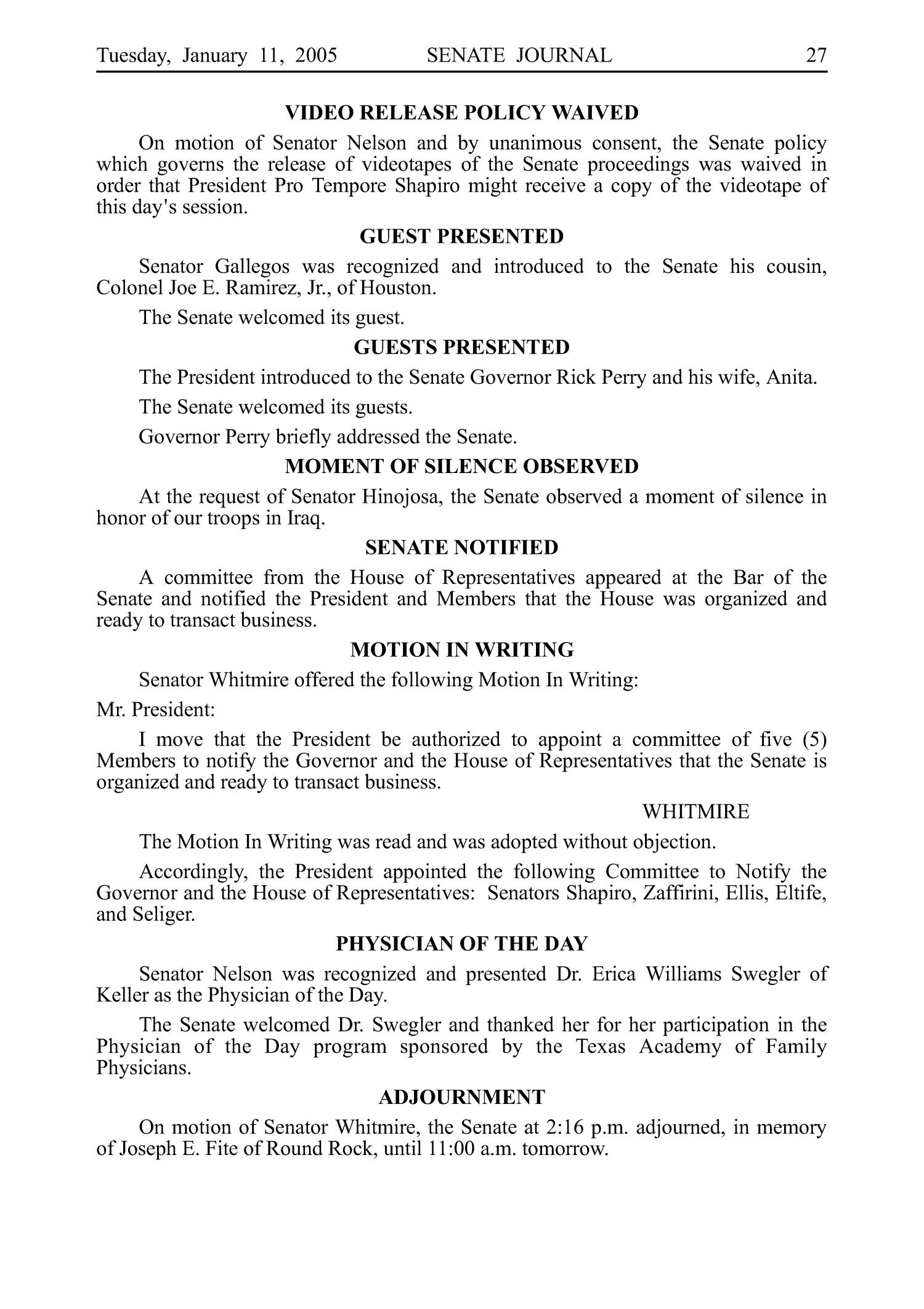 Journal of the Senate, Regular Session of the Seventy-Ninth Legislature of the State of Texas, Volume 1
                                                
                                                    27
                                                