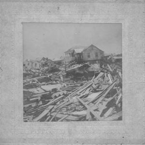 Primary view of object titled '[Aftermath of 1900 Galveston storm, a horse surrounded by debris]'.