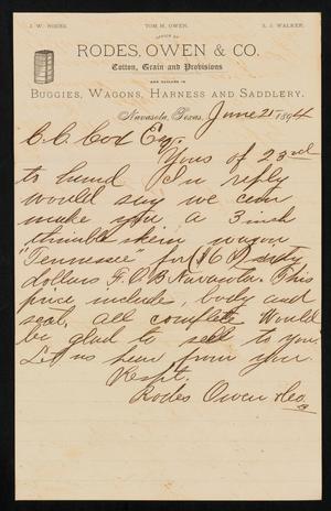 Primary view of object titled '[Letter from Rodes, Owen and Company to C. C. Cox, June 25, 1894]'.