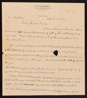 Primary view of object titled '[Letter from P. R. Clark to C. C. Cox, April 22, 1922]'.